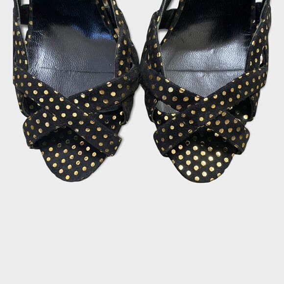 Brian Atwood Peep Toe Stiletto Wedge In Black With Gold Dots Size 35 - Picture 4 of 8